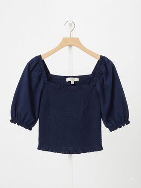 LOFT Navy Smocked Square Neck Puff Sleeve Blouse L